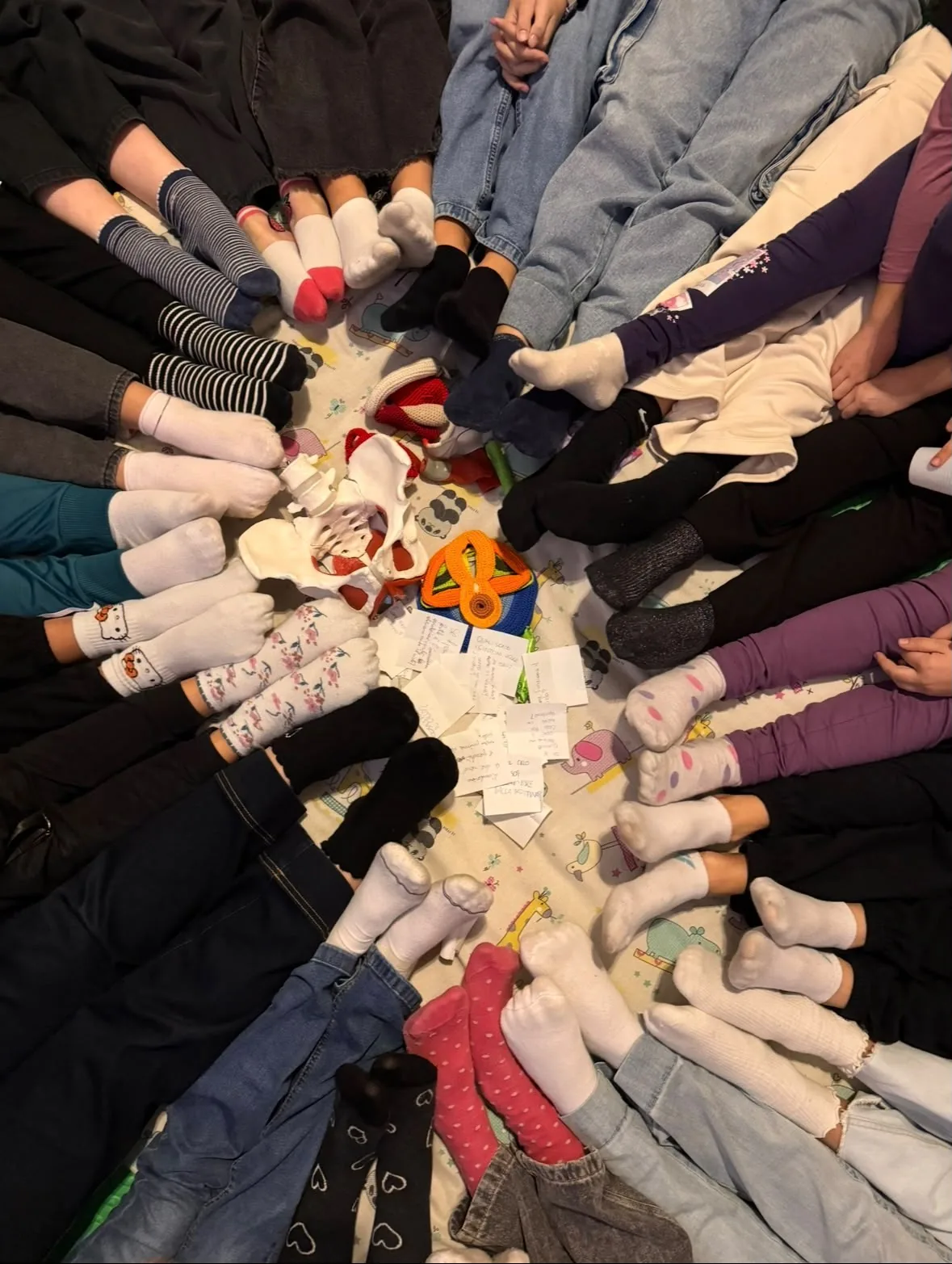 Le ragazze sedute in cerchio a un incontro, con il modello del bacino e i bigliettini delle domande al centro